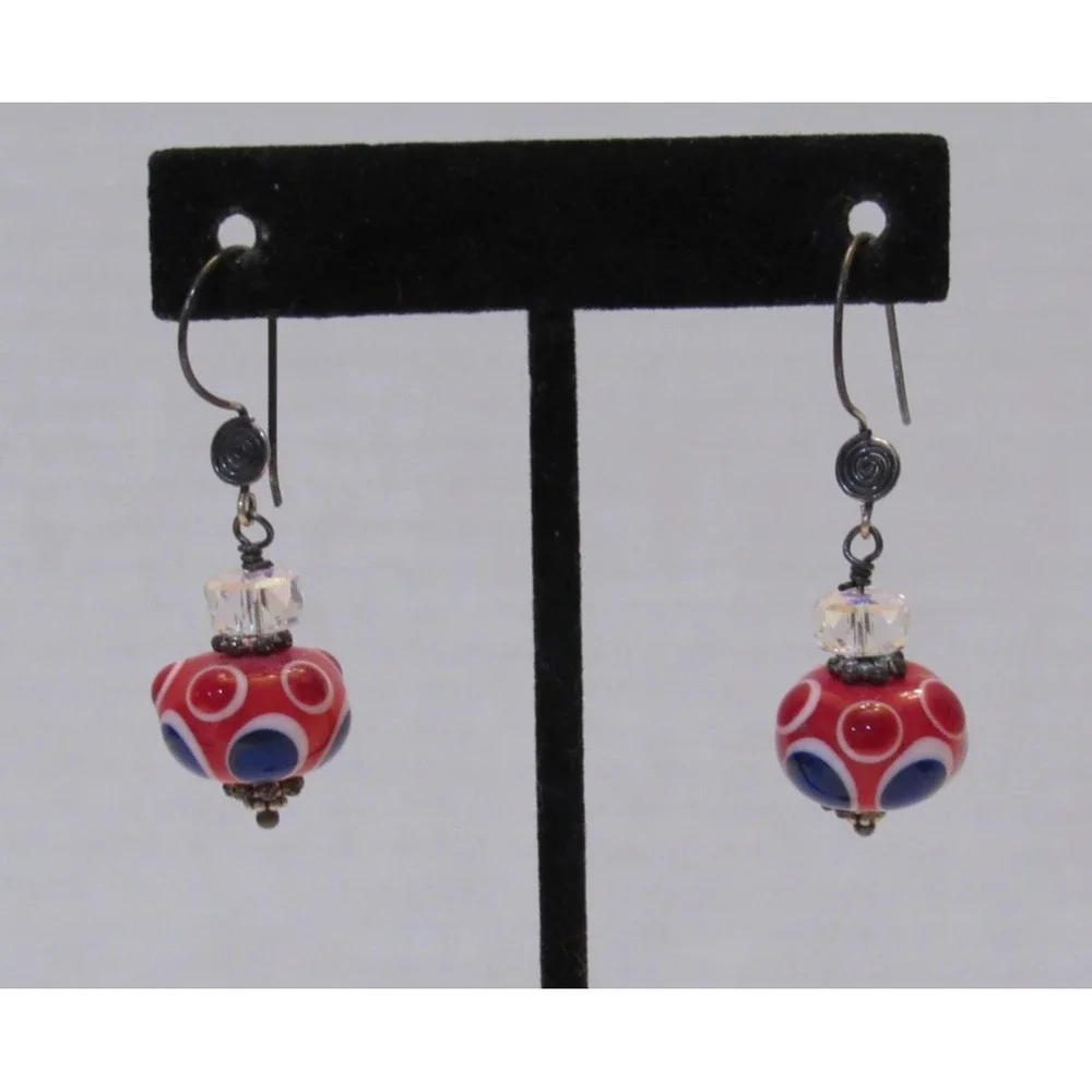 Lampwork Earrings Handmade Red White Blue Glass Bead Dangle Hooks Circle Dots